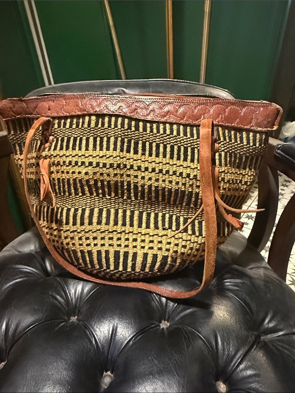 Vintage Handwoven Black & Tan Sisal Tote with Brown Leather Trim